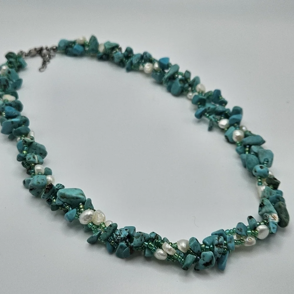 VINTAGE Turquoise and Pearl Braided Three Strand Necklace